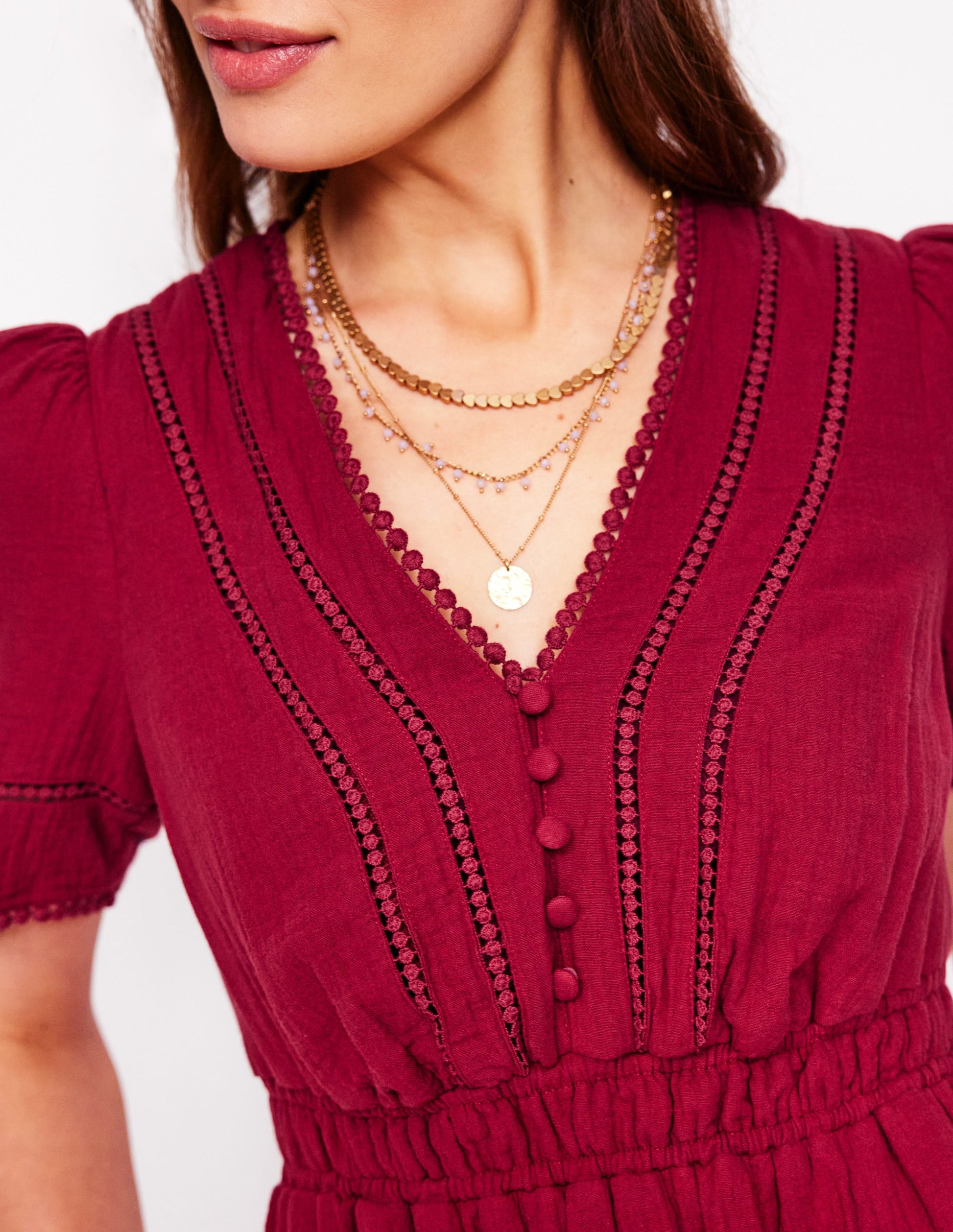 Trim Double Cloth Dress-Garnet Red-2