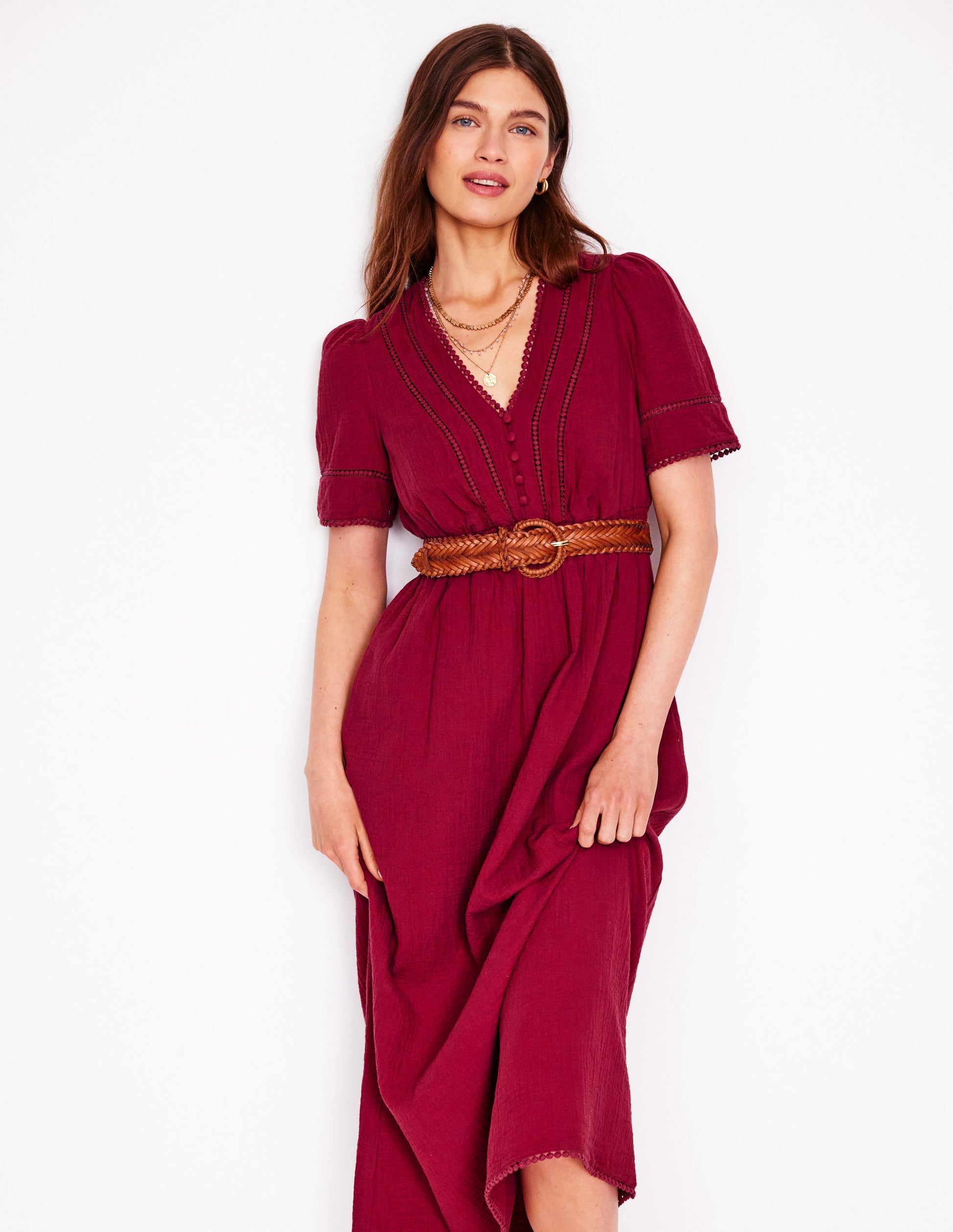 Trim Double Cloth Dress-Garnet Red-4