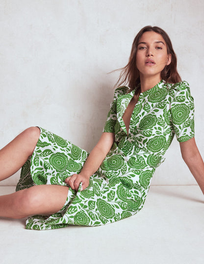Kate Puff Sleeve Belted Dress-Paradise Green, Dahlia Stamp-1