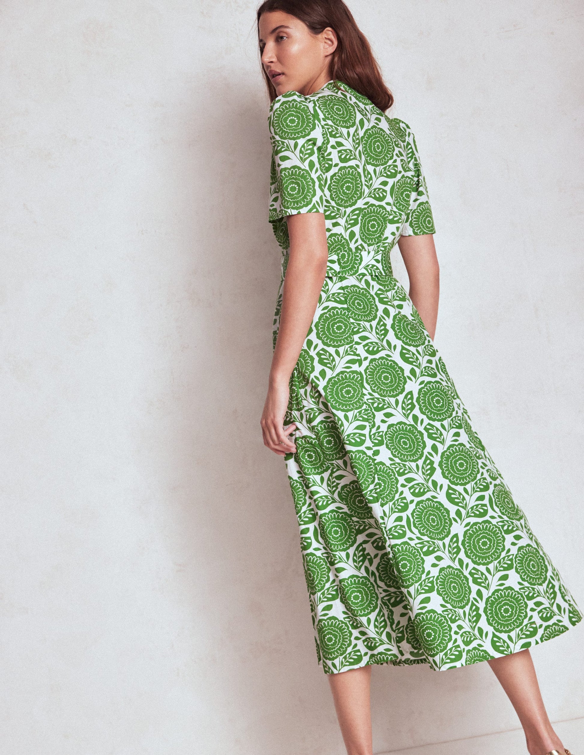 Kate Puff Sleeve Belted Dress-Paradise Green, Dahlia Stamp-2
