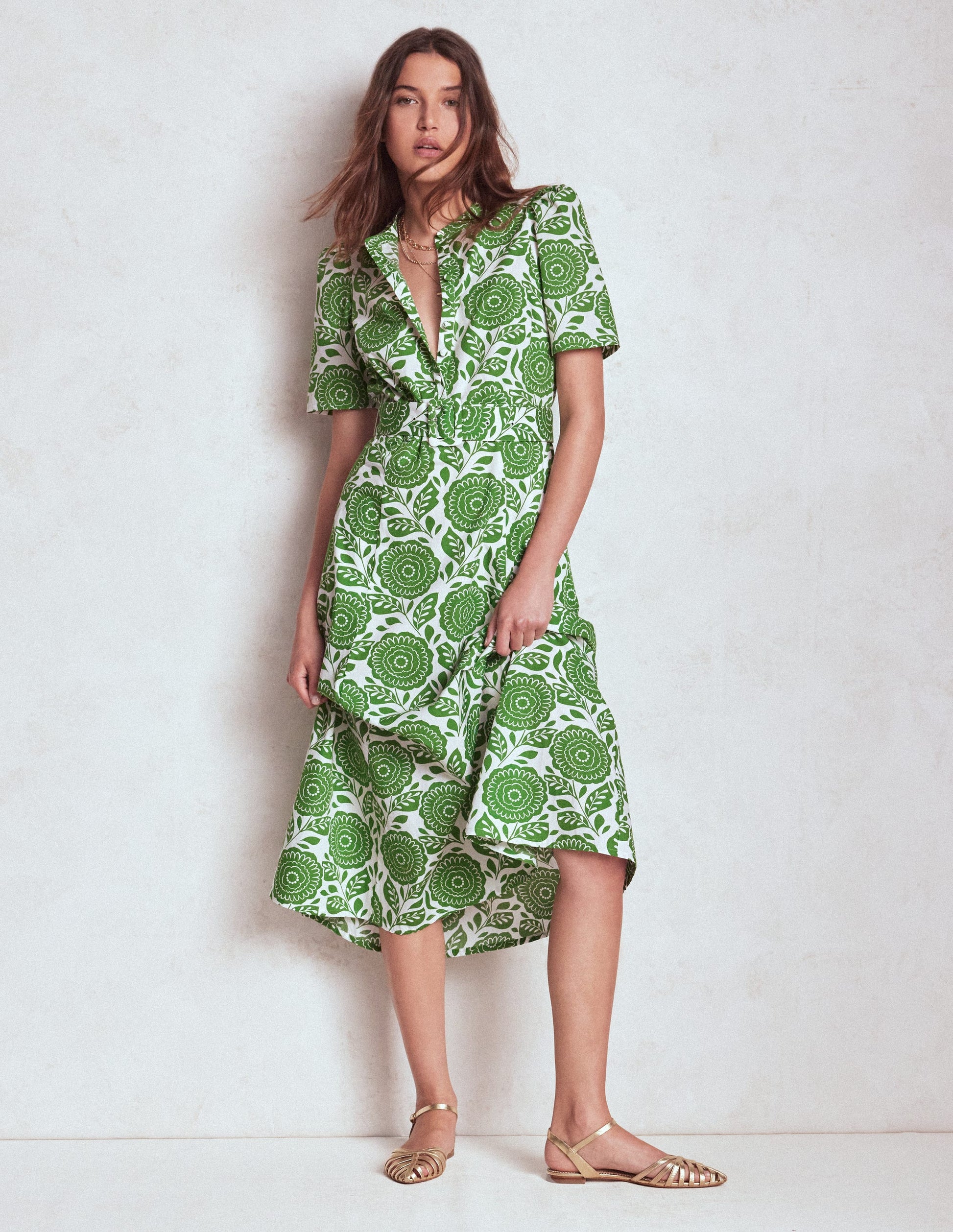 Kate Puff Sleeve Belted Dress-Paradise Green, Dahlia Stamp-3