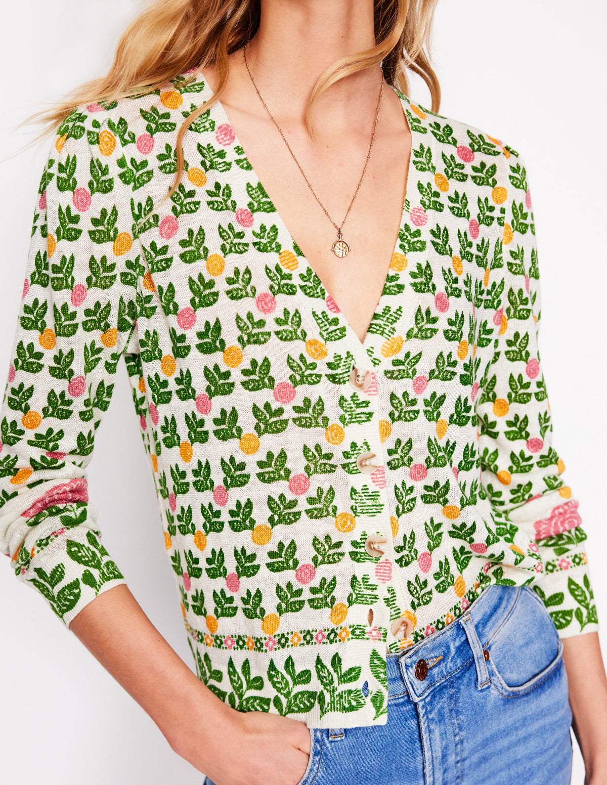 Liv V-Neck Linen Cardigan-Warm Ivory, Dahlia Garden - Image 3