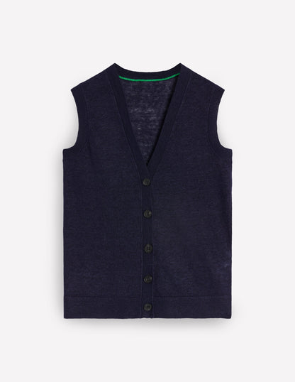 V-Neck Linen Waistcoat-Navy-5