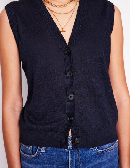 V-Neck Linen Waistcoat-Navy