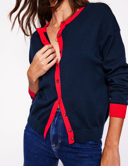 Lara Relaxed Cotton Cardigan-Navy, Poppy Red-2