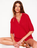 Collared Henley Jumper-Strawberry Tart Red