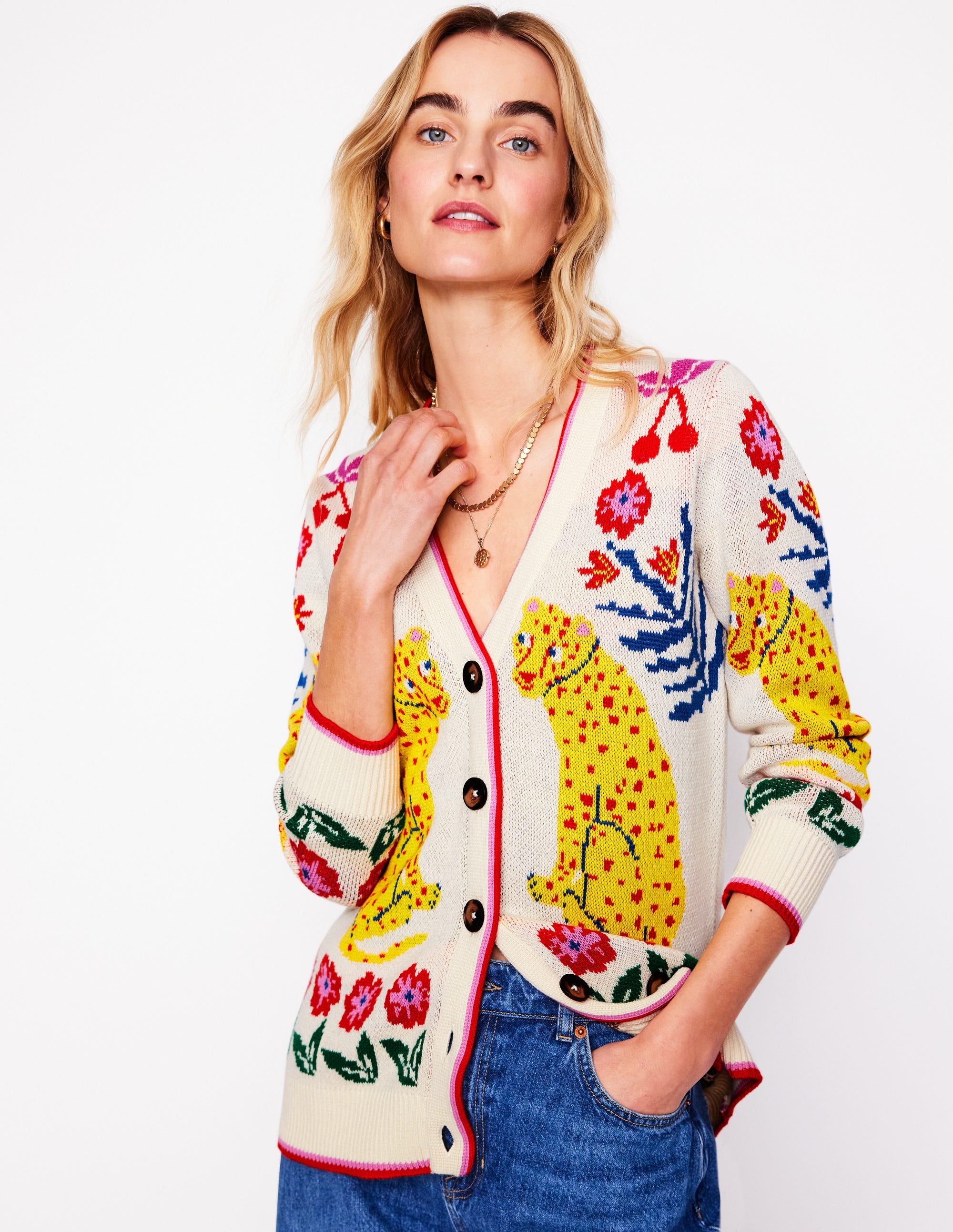 Jacquard Boyfriend Cardigan-Warm Ivory, Leopard - Image 1