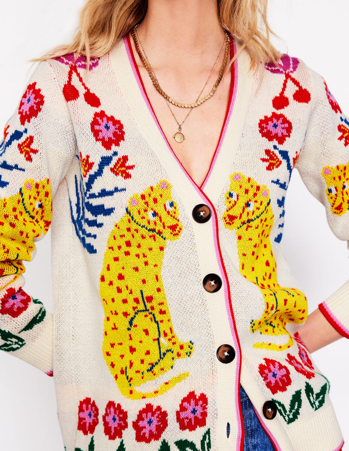 Jacquard Boyfriend Cardigan-Warm Ivory, Leopard - Image 3