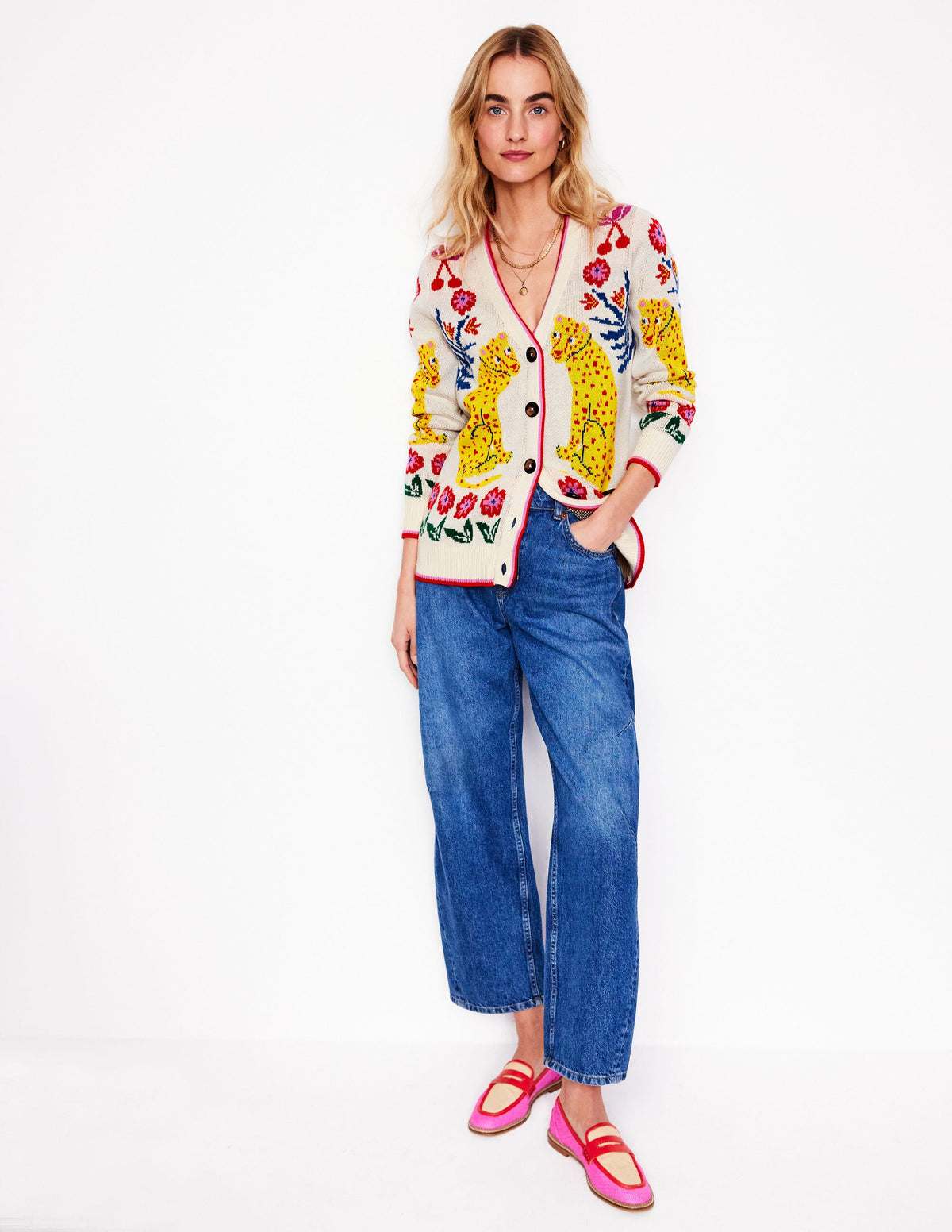 Jacquard Boyfriend Cardigan-Warm Ivory, Leopard - Image 4