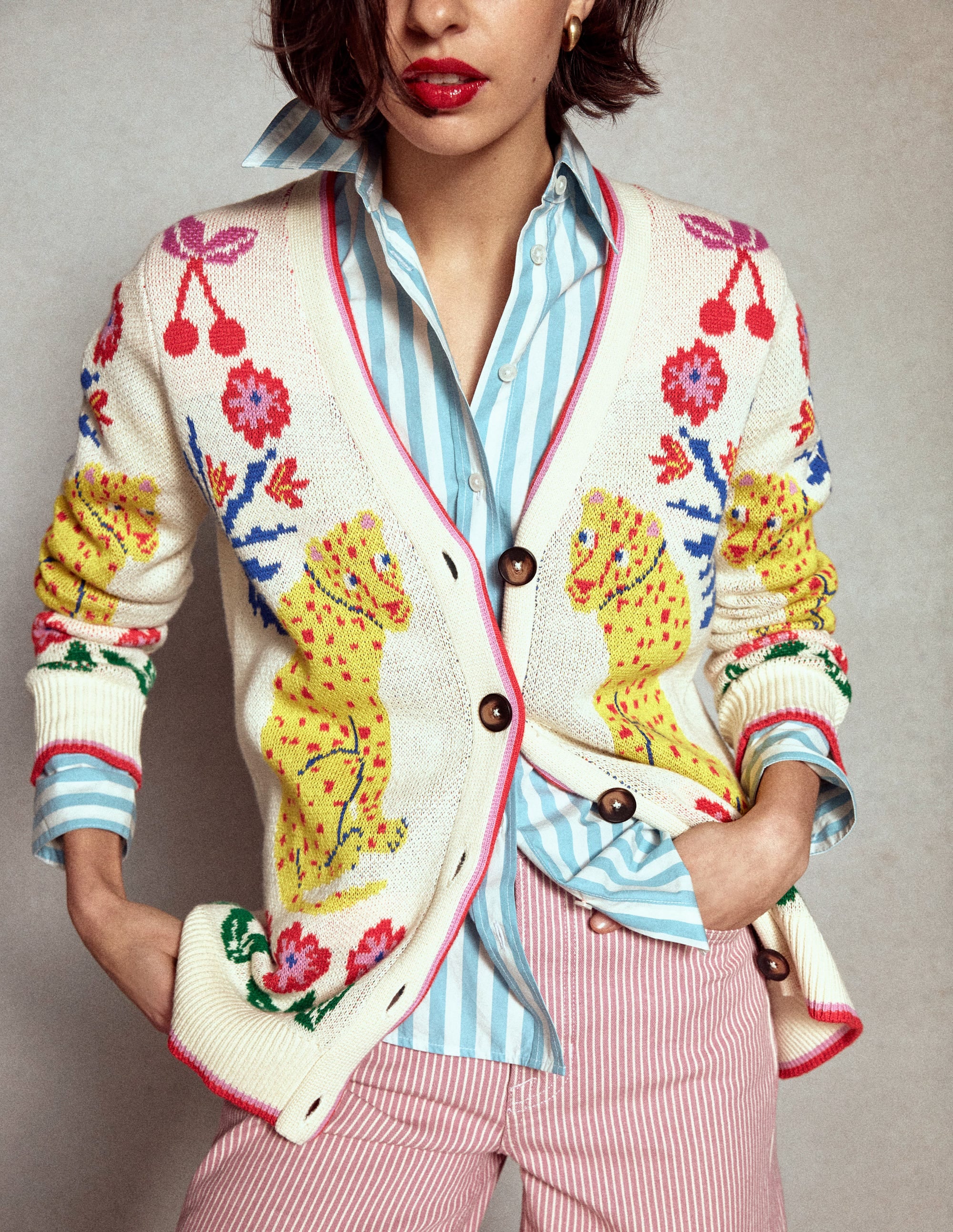 Jacquard Boyfriend Cardigan-Warm Ivory, Leopard - Image 6