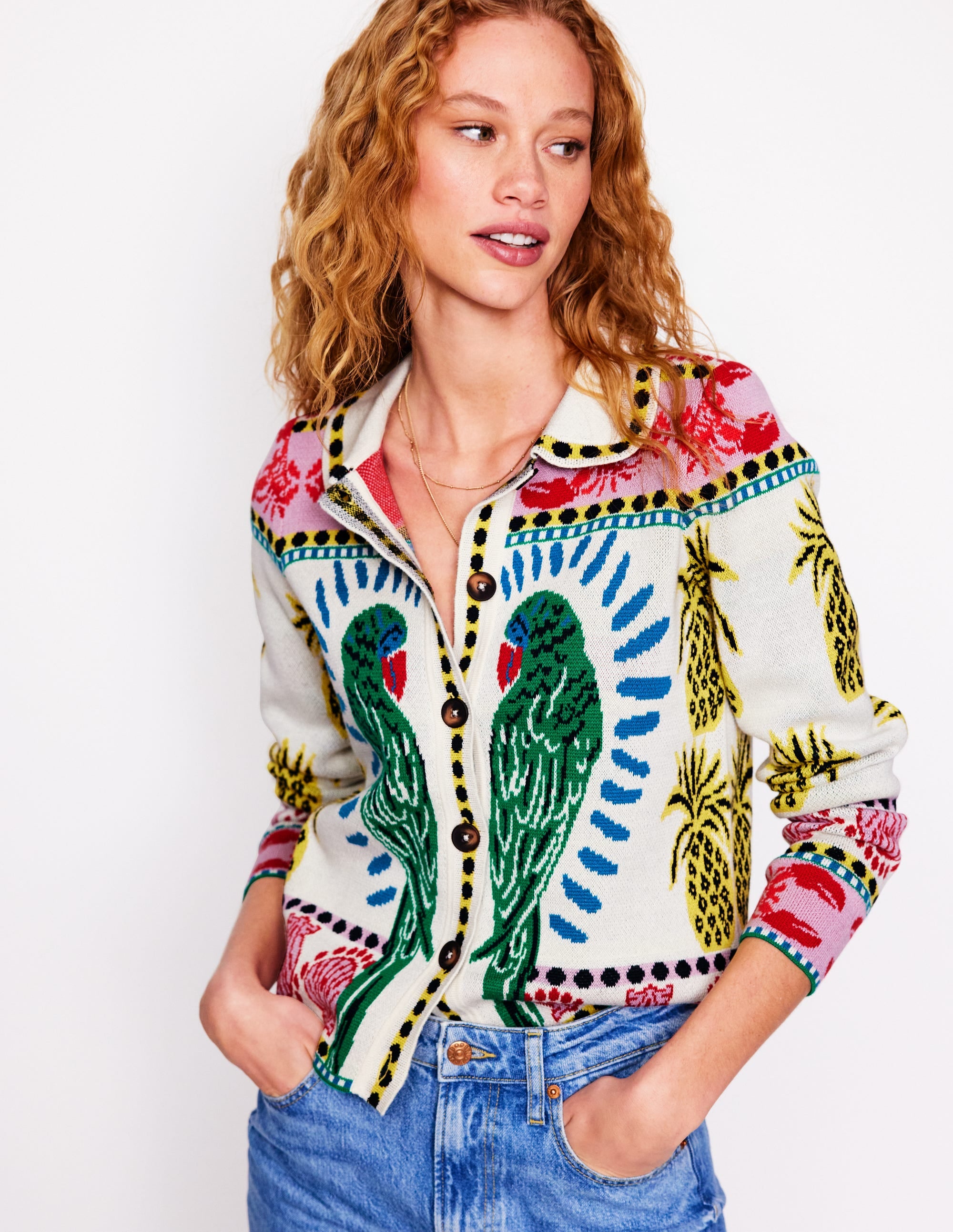 Jacquard Knitted Shacket-Warm Ivory, Tropical Bonanza - Image 1