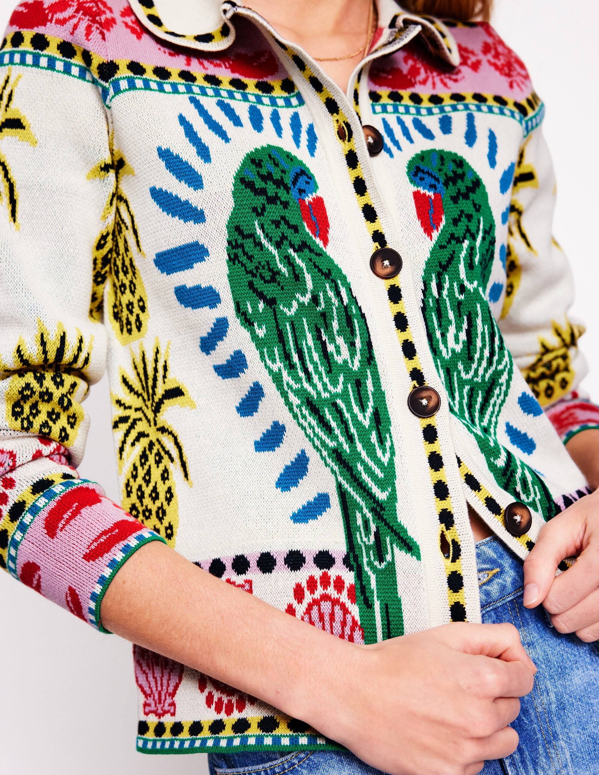 Jacquard Knitted Shacket-Warm Ivory, Tropical Bonanza - Image 2