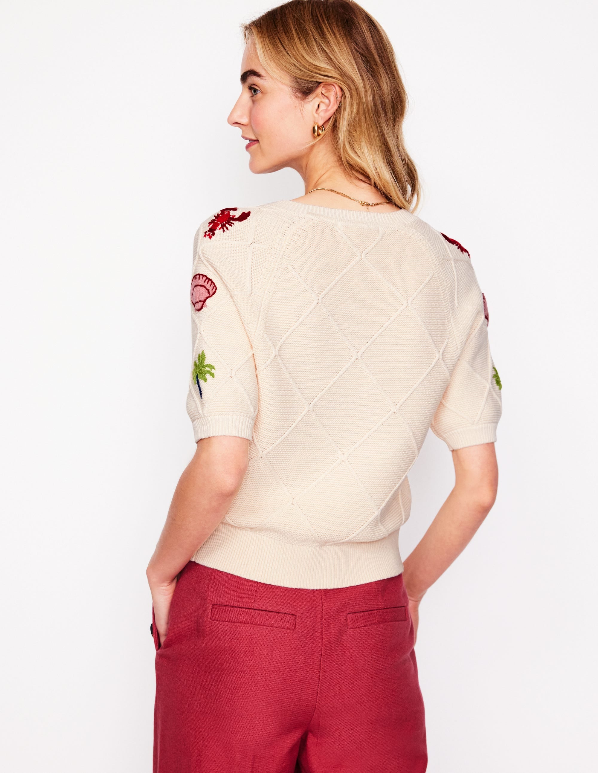 Embroidered T-Shirt Cardigan-Warm Ivory, Tropical Bonanza - Image 3