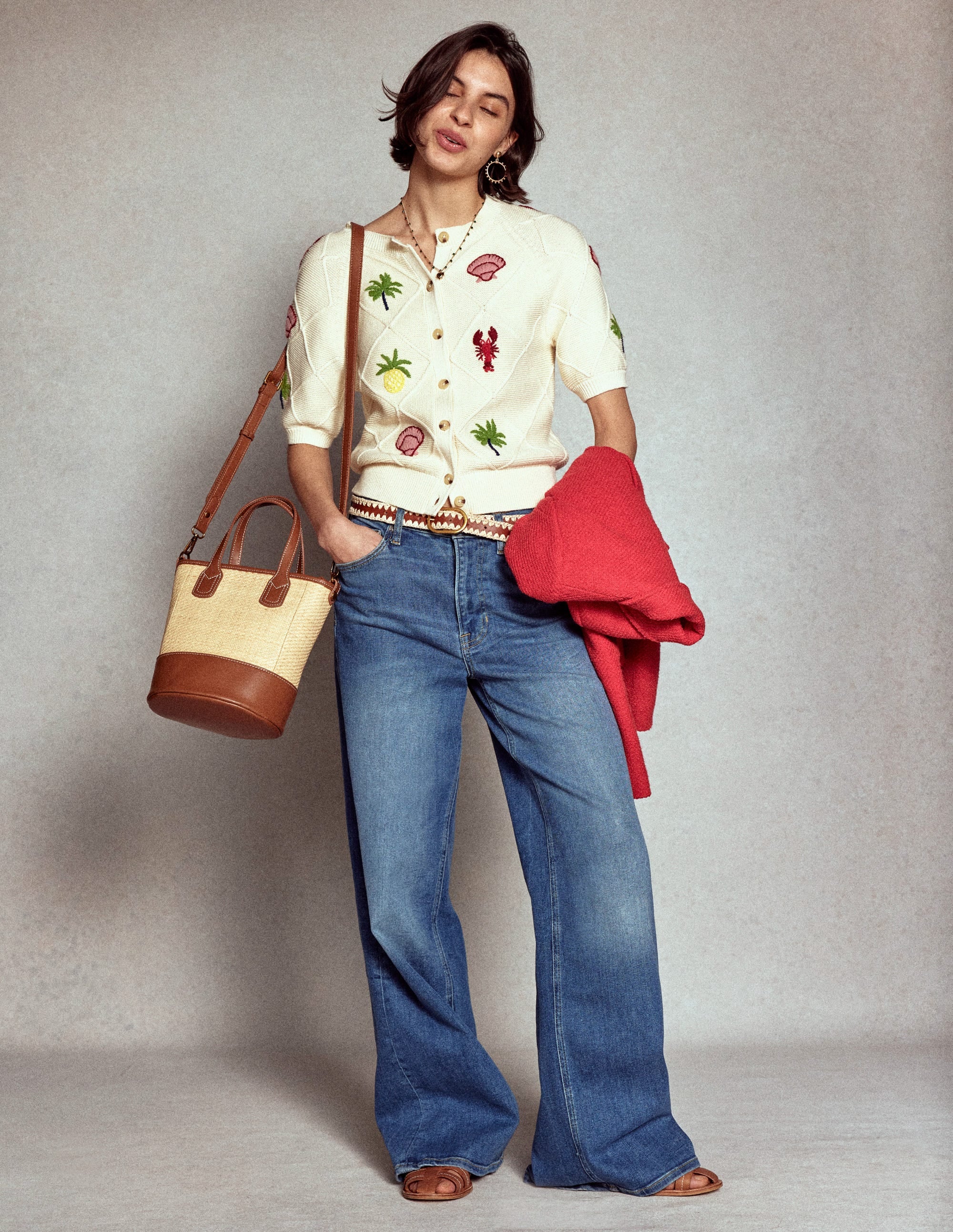 Embroidered T-Shirt Cardigan-Warm Ivory, Tropical Bonanza - Image 6
