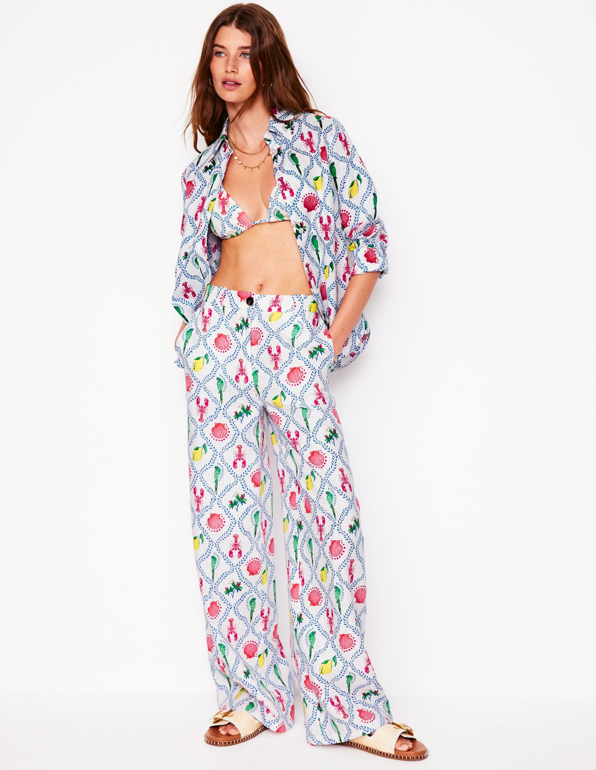 Westbourne Linen Trousers-Ivory, Tropical Bonanza Vine-1