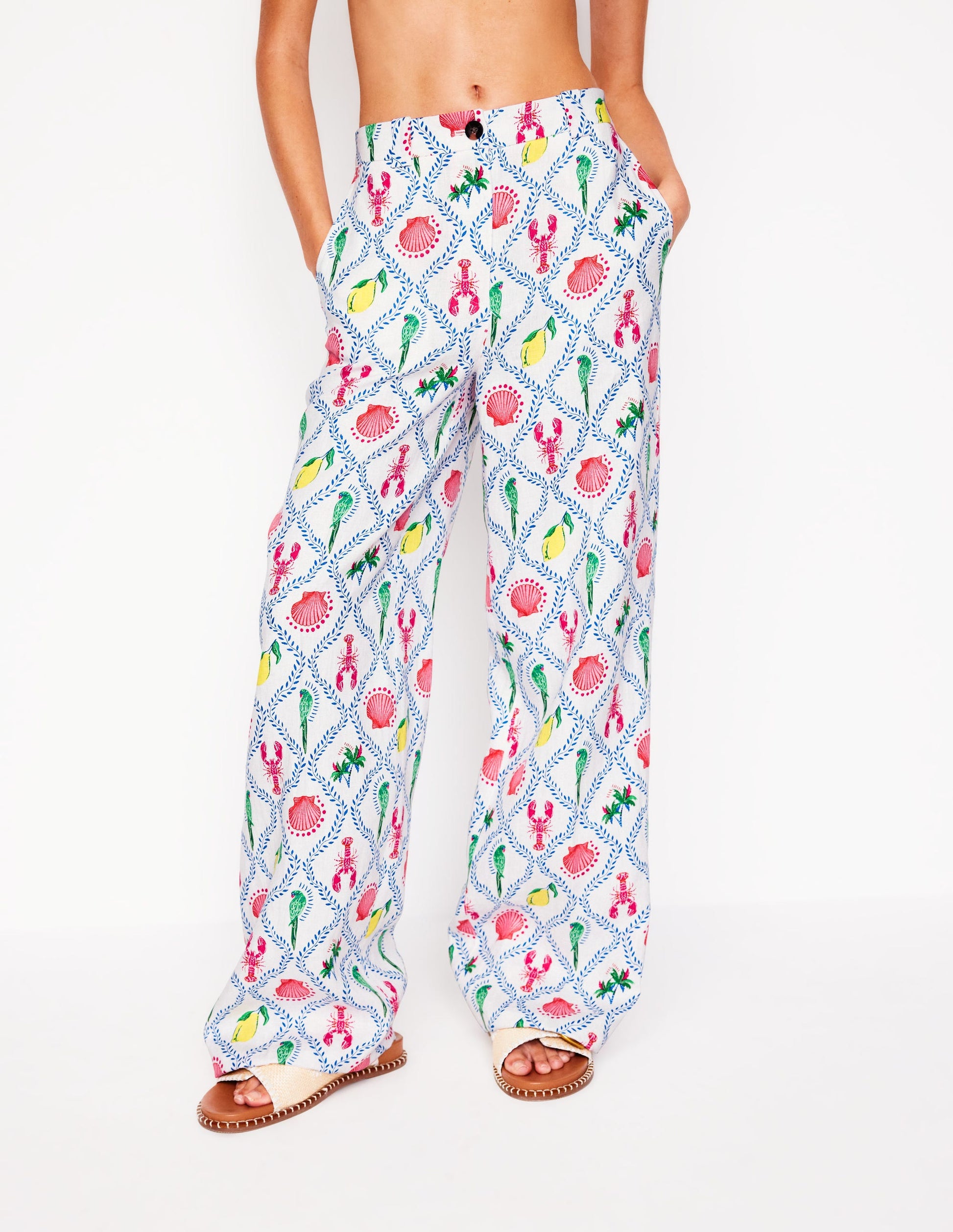 Westbourne Linen Trousers-Ivory, Tropical Bonanza Vine-5