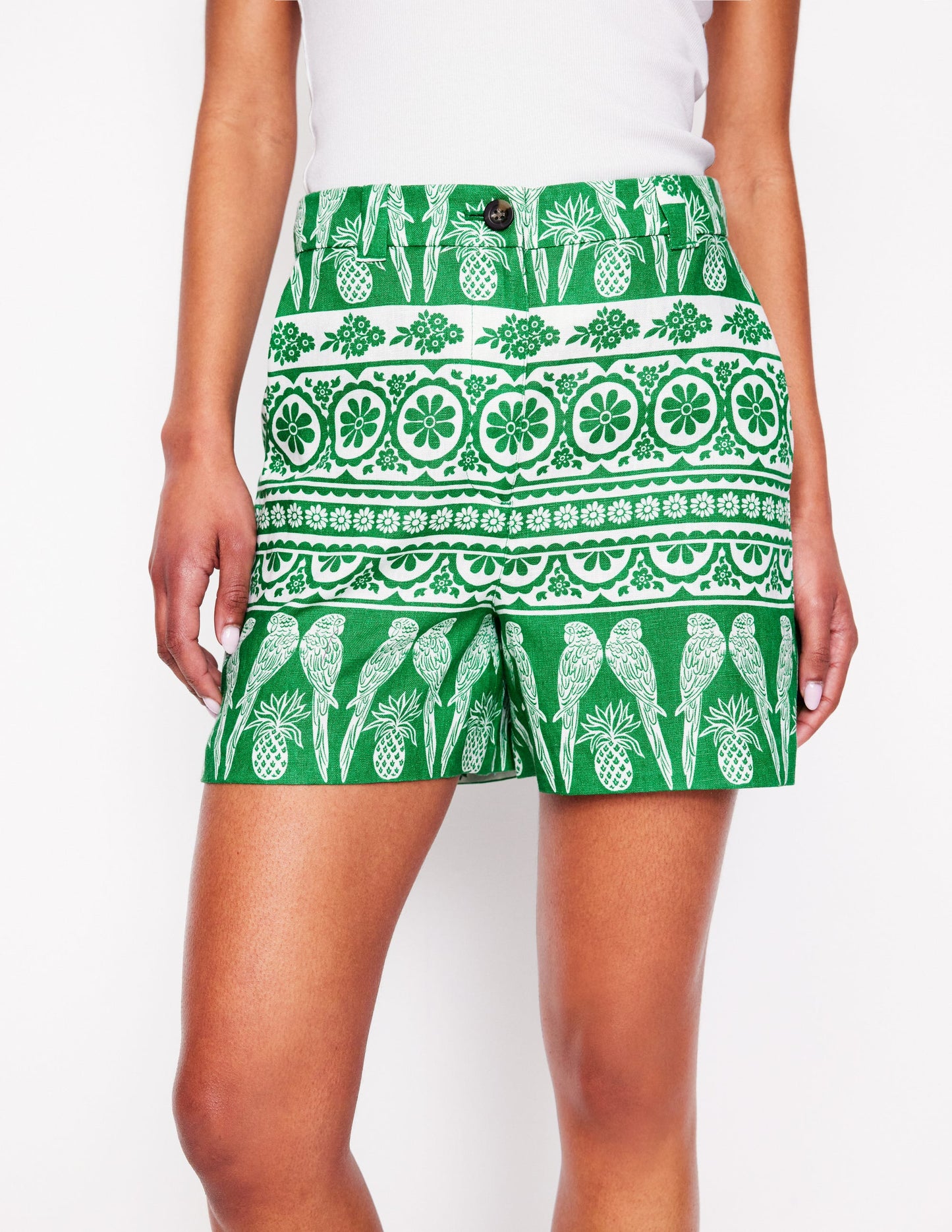 Westbourne Linen Shorts-Rich Emerald, Ornate Tropics