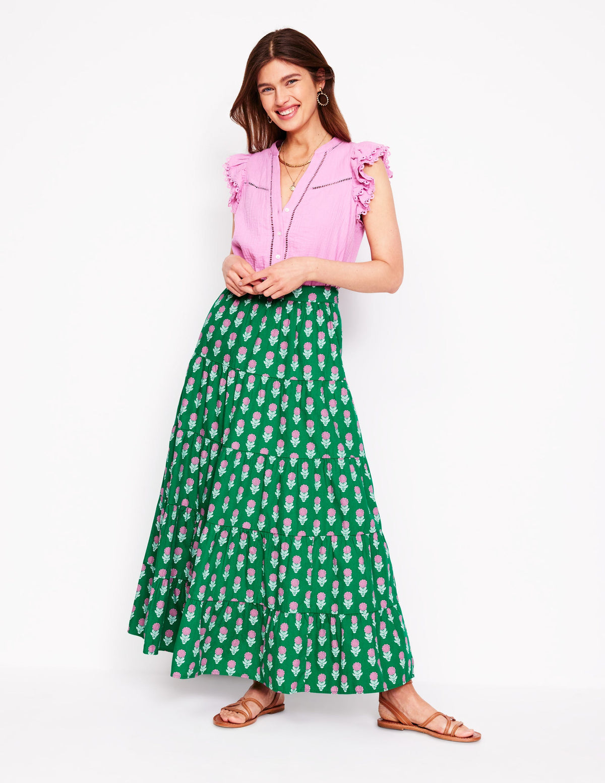 Nadia Poplin Maxi Skirt-Green Stamp, Dahlia Sprig - Image 1
