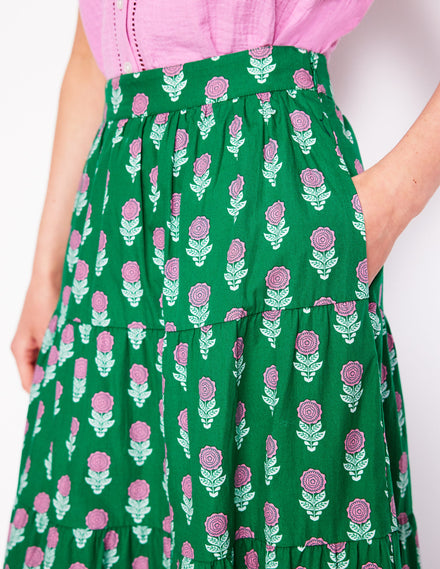 Nadia Poplin Maxi Skirt-Green Stamp, Dahlia Sprig