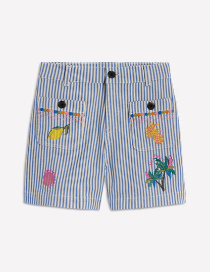 Pocket Front Denim Shorts-Ticking Stripe Embroidery-7