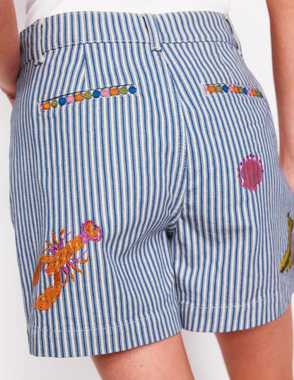 Pocket Front Denim Shorts-Ticking Stripe Embroidery-2