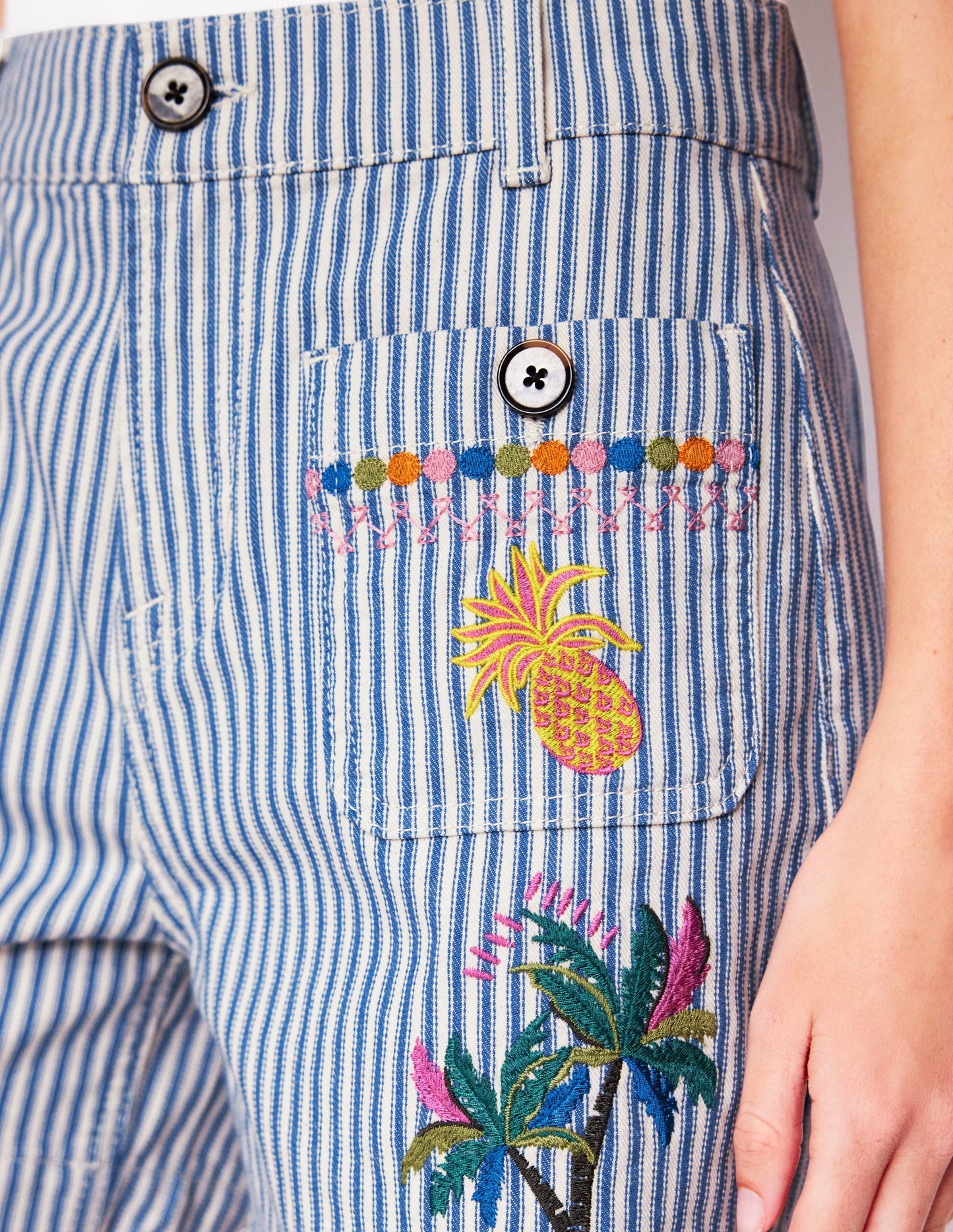 Pocket Front Denim Shorts-Ticking Stripe Embroidery