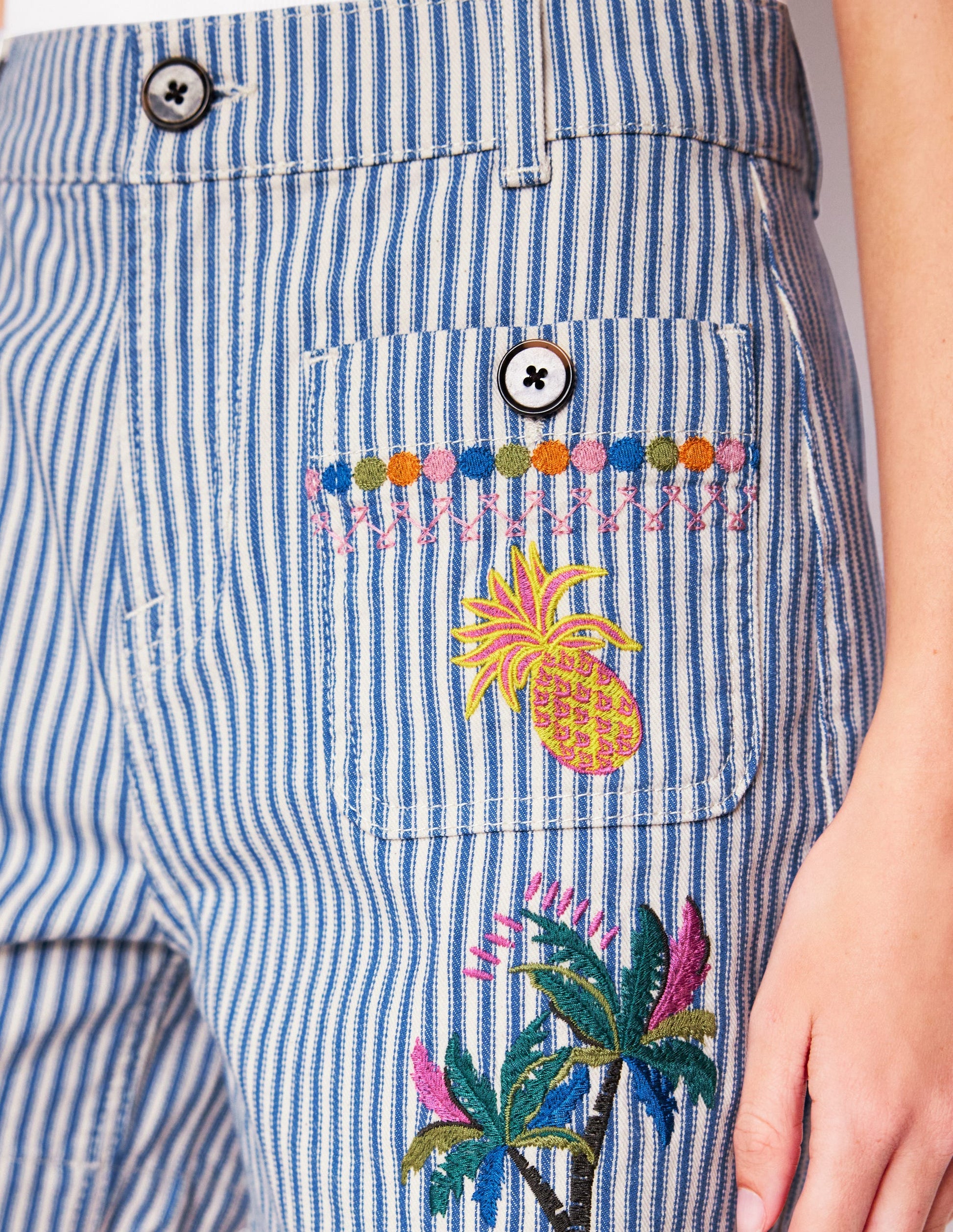 Pocket Front Denim Shorts-Ticking Stripe Embroidery-3