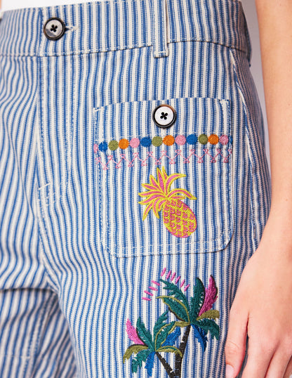 Pocket Front Denim Shorts-Ticking Stripe Embroidery-3