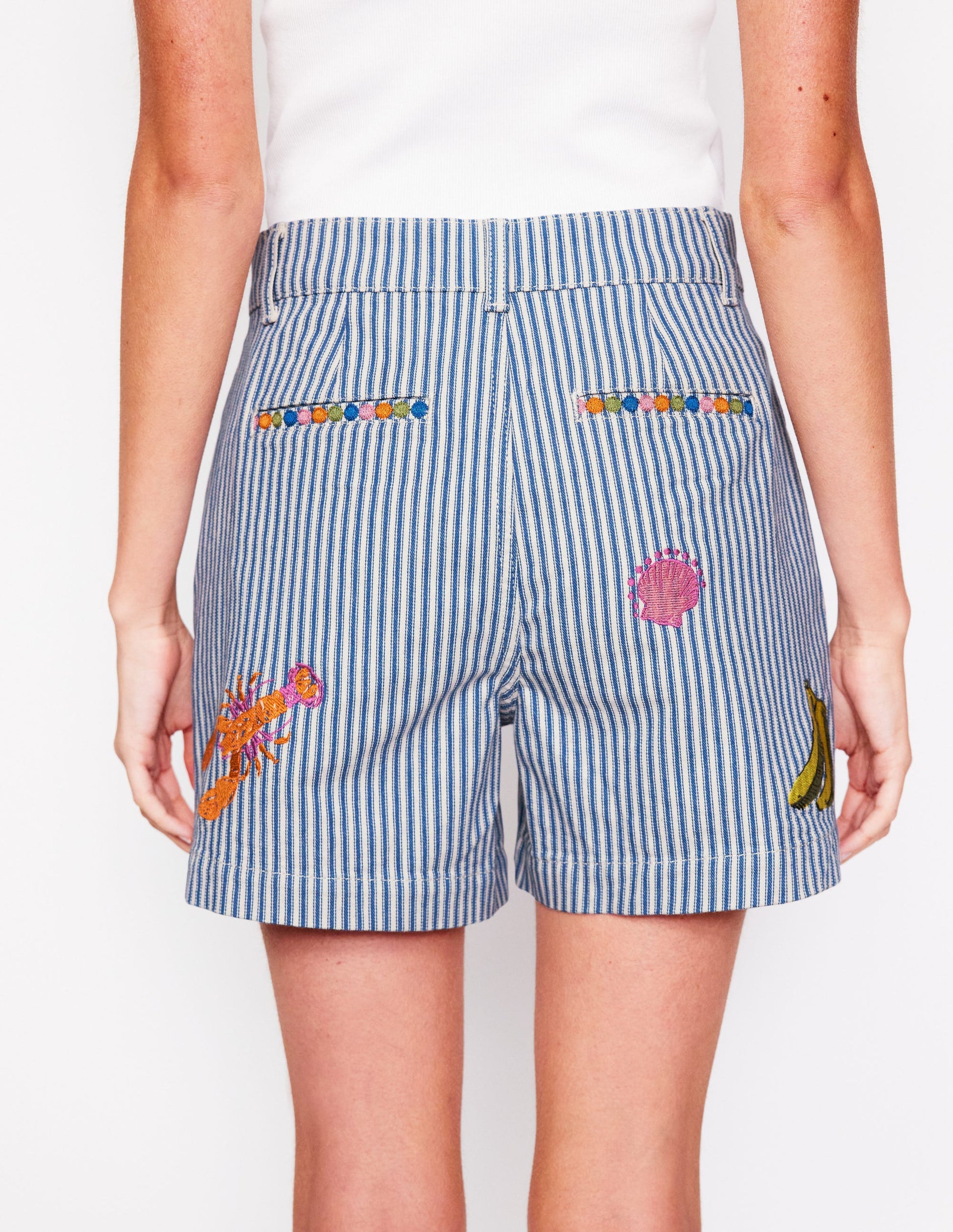 Pocket Front Denim Shorts-Ticking Stripe Embroidery-4