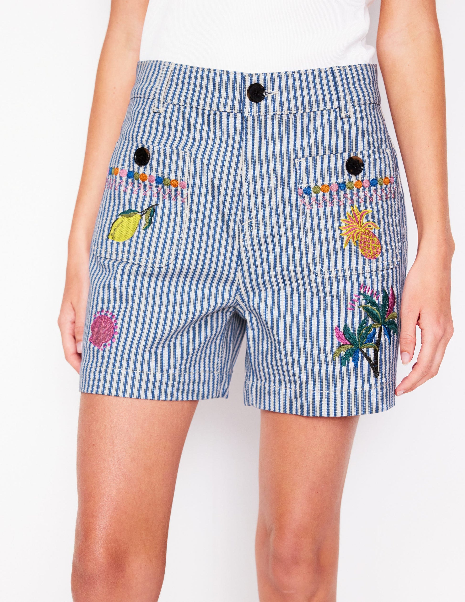 Pocket Front Denim Shorts-Ticking Stripe Embroidery-5