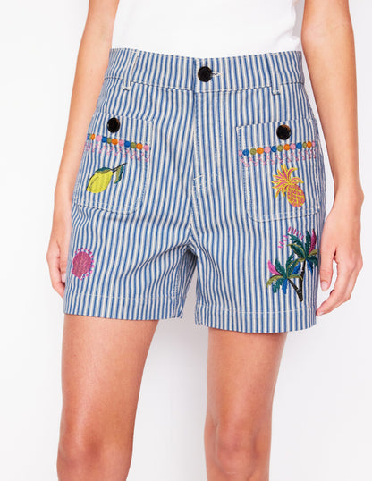 Pocket Front Denim Shorts-Ticking Stripe Embroidery-5