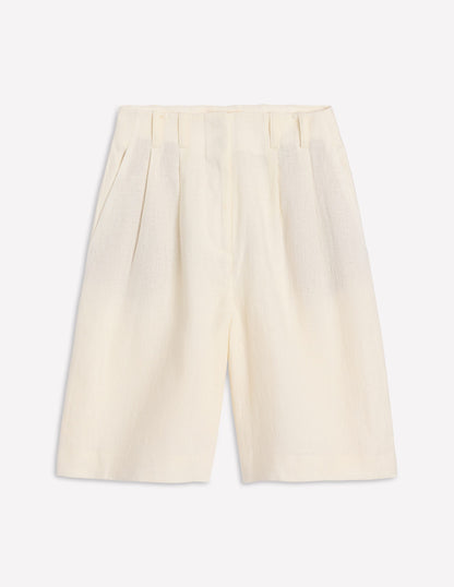 Pleat Linen Wide Leg Shorts-Ivory-5