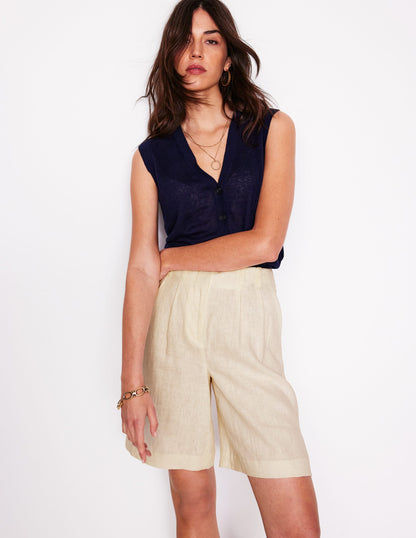 Pleat Linen Wide Leg Shorts-Ivory-1