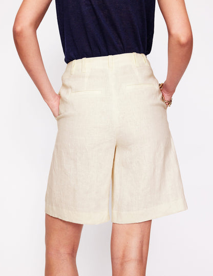 Pleat Linen Wide Leg Shorts-Ivory-4