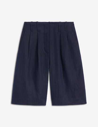Pleat Linen Wide Leg Shorts-Navy-5