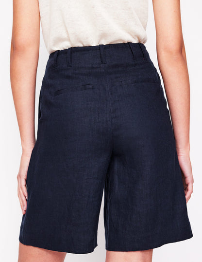 Pleat Linen Wide Leg Shorts-Navy-3