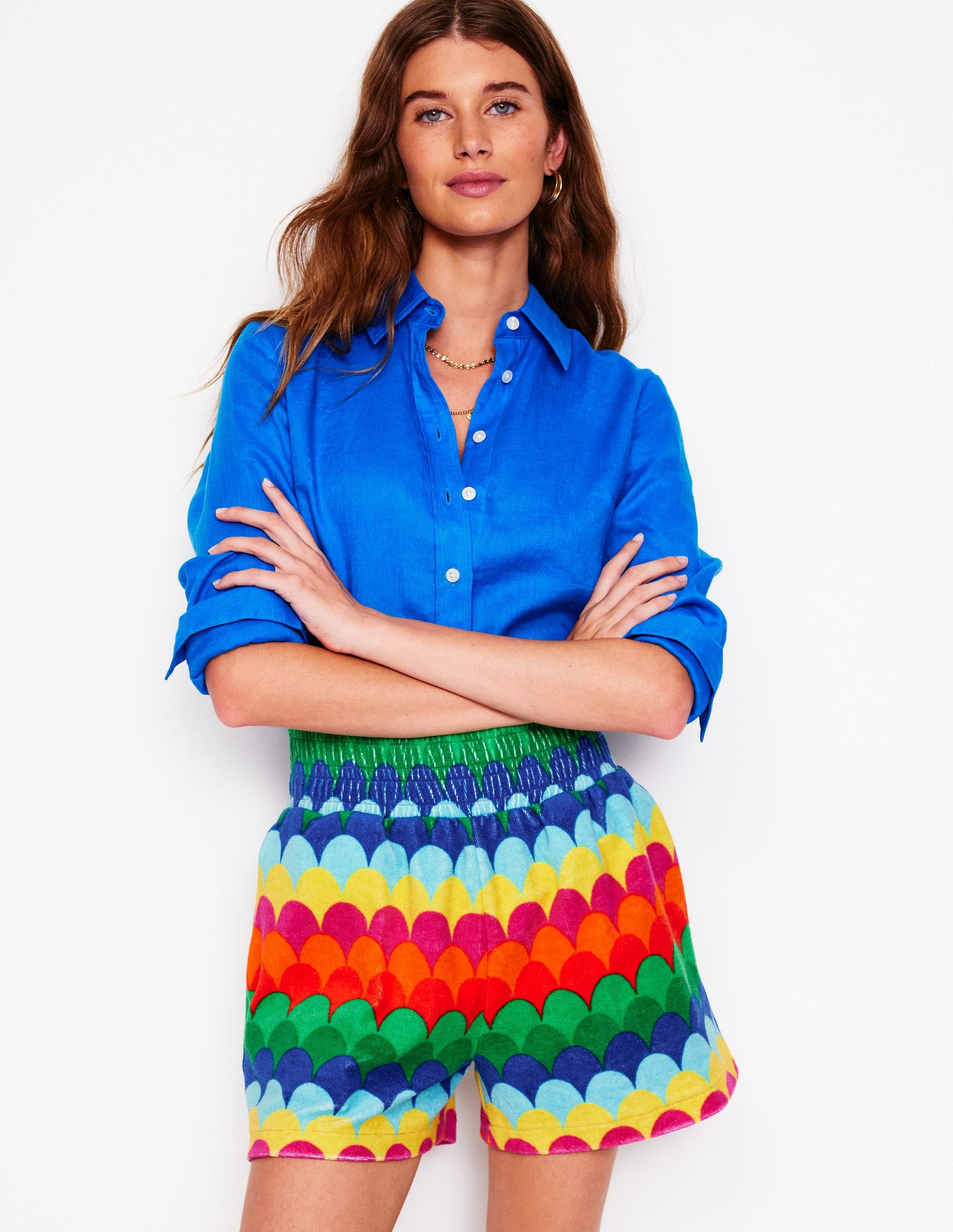 Smocked Towelling Short-Multi, Scallop Stripe-1