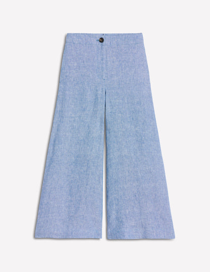 Wide Crop Linen Trousers-Grey Blue Chambray-5