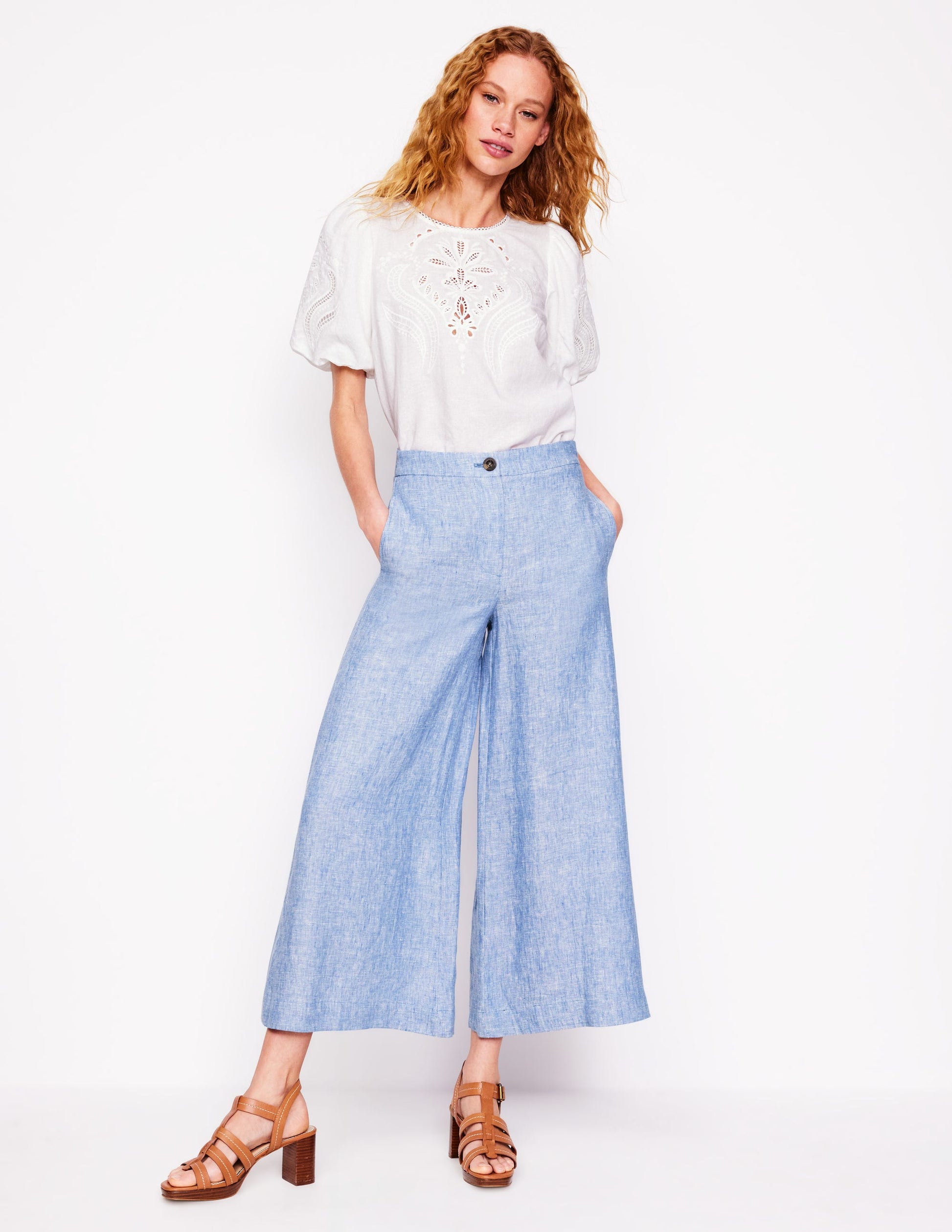 Wide Crop Linen Trousers-Grey Blue Chambray-1