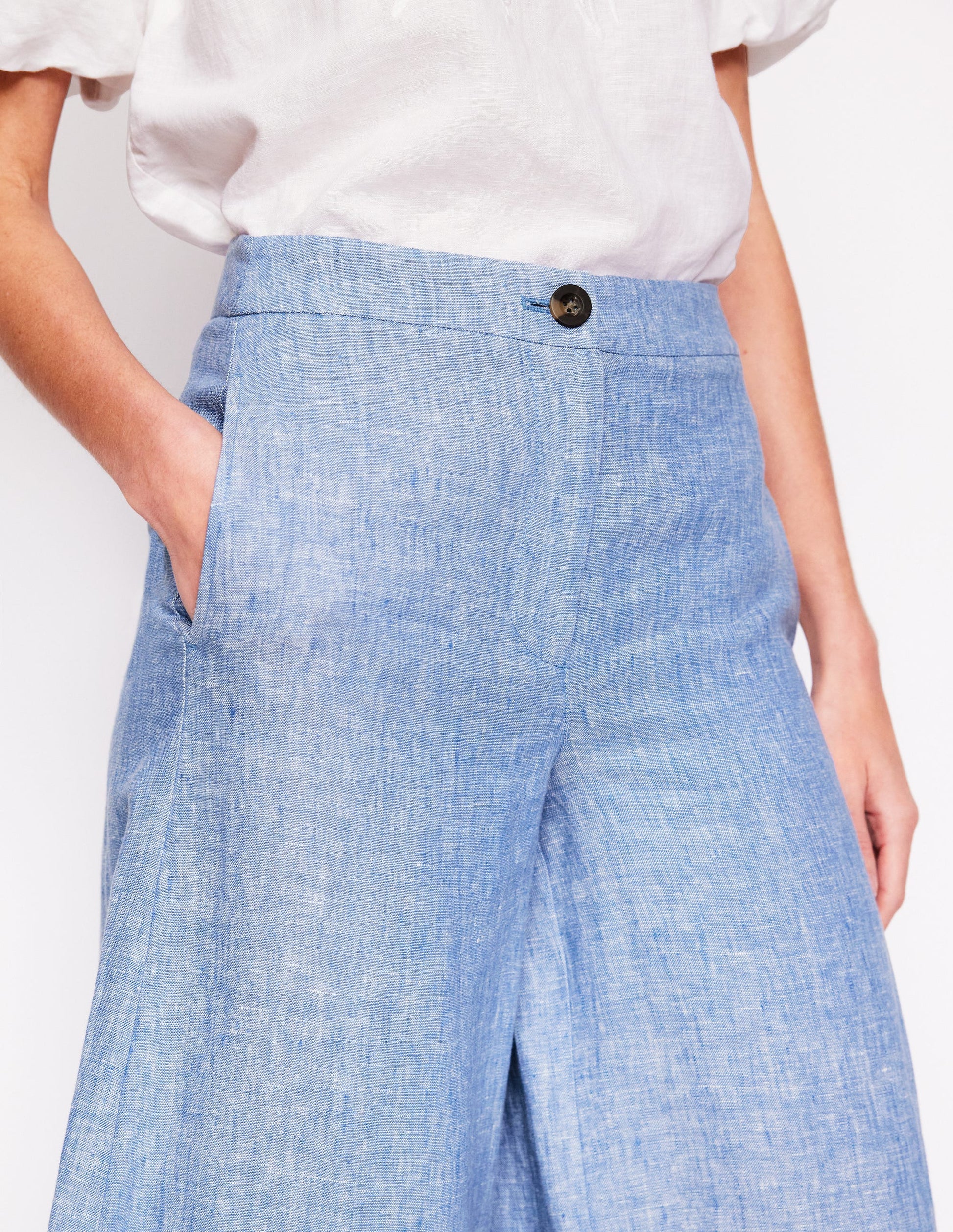 Wide Crop Linen Trousers-Grey Blue Chambray-2