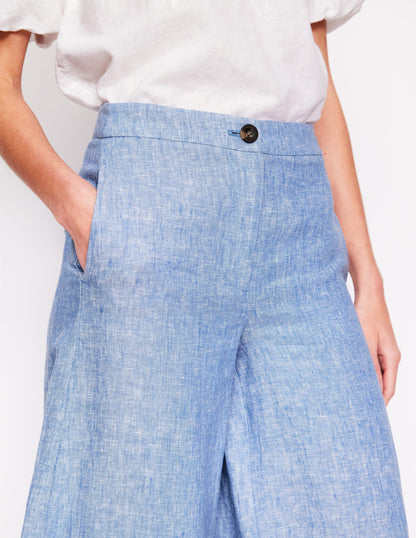 Wide Crop Linen Trousers-Grey Blue Chambray-2