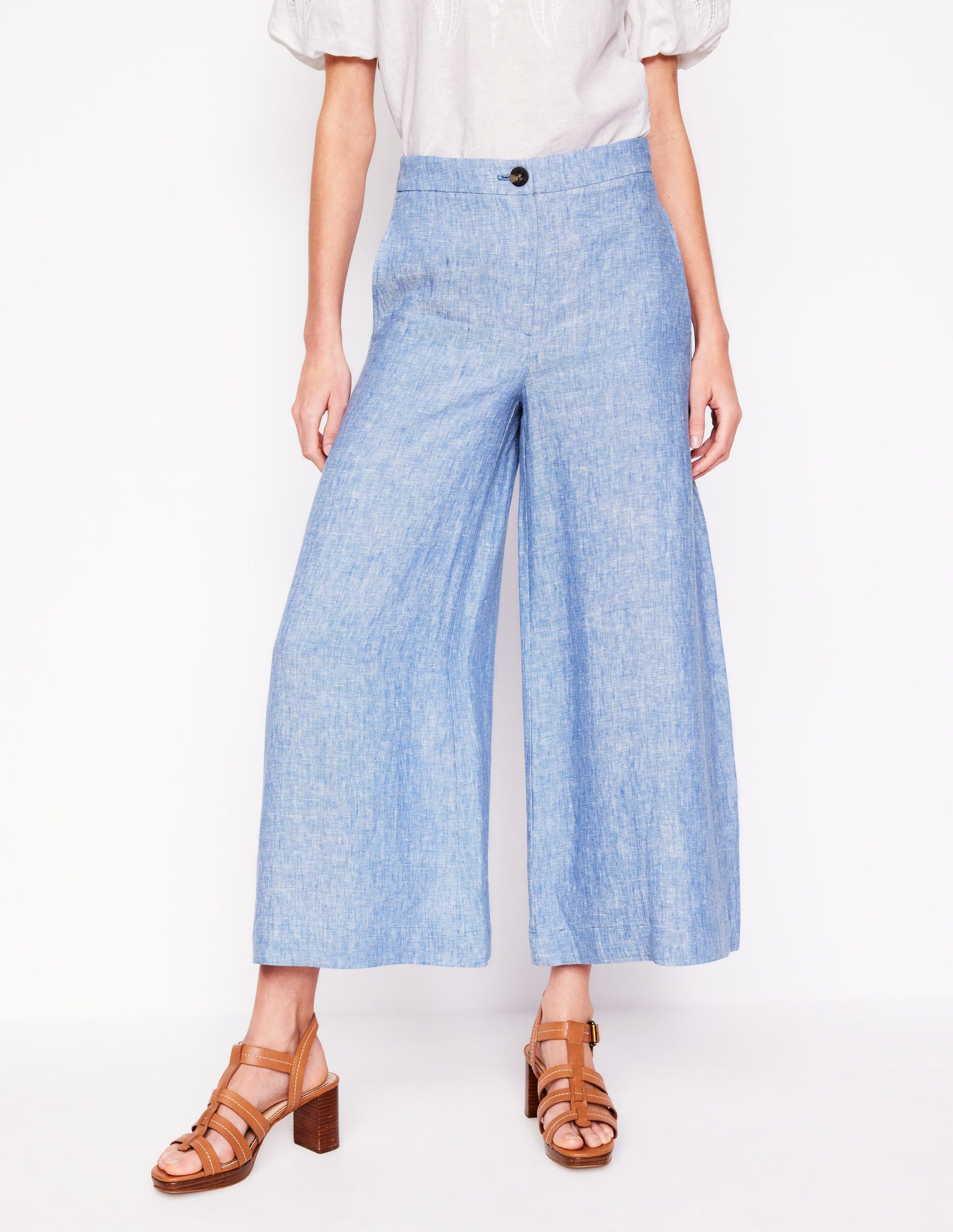 Wide Crop Linen Trousers-Grey Blue Chambray-4