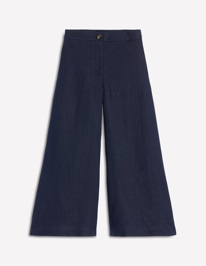 Wide Crop Linen Trousers-Navy-6
