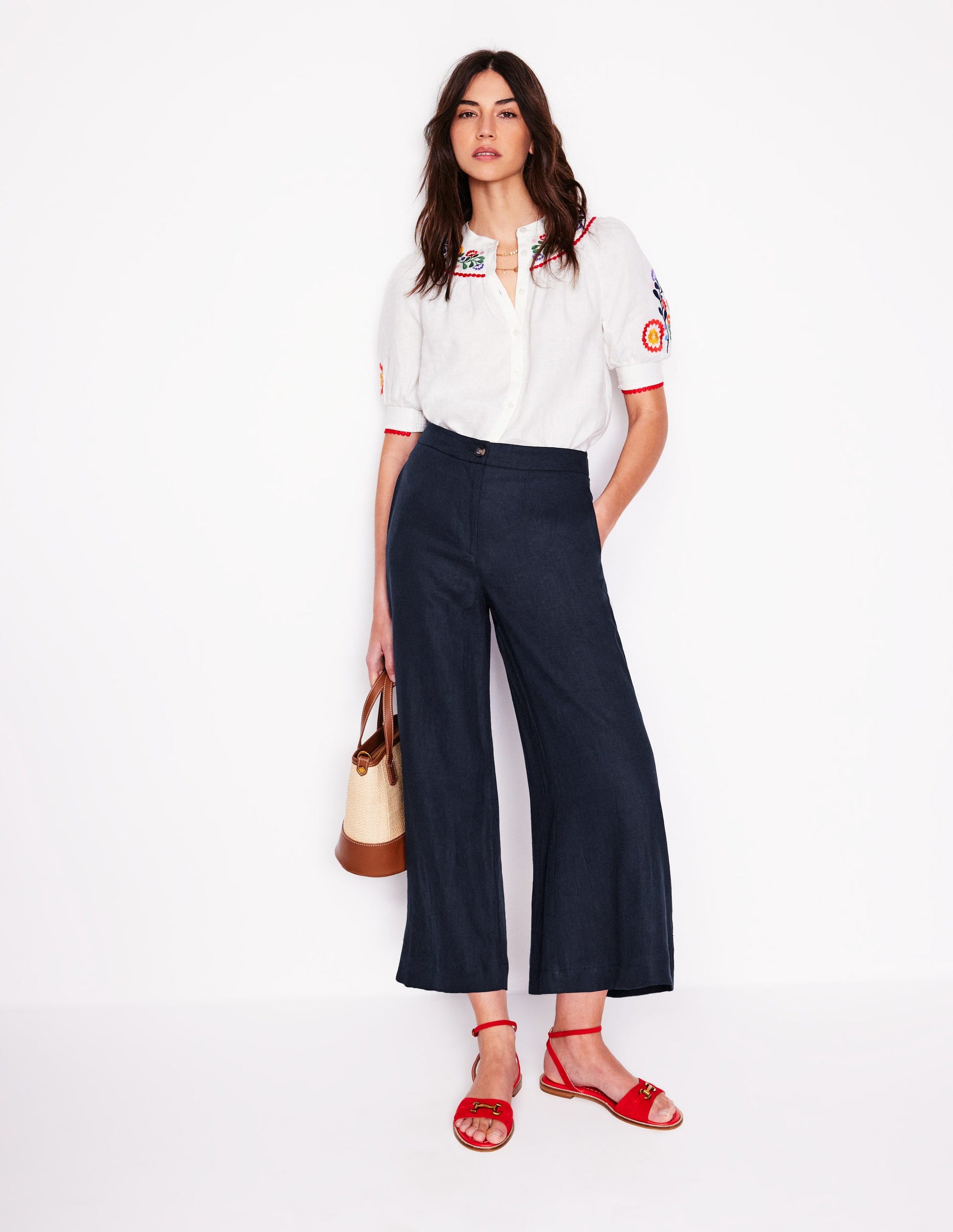 Wide Crop Linen Trousers-Navy-1