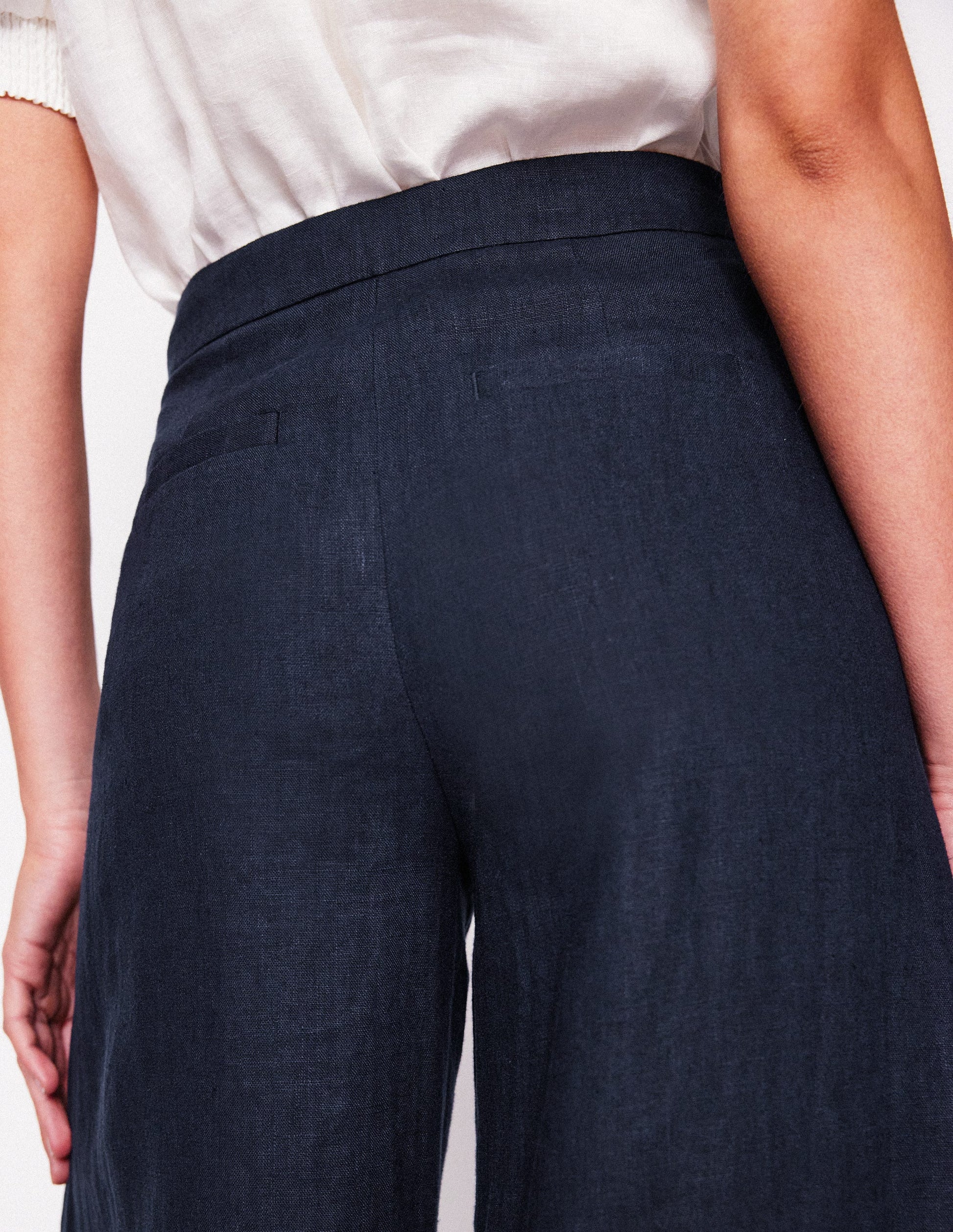 Wide Crop Linen Trousers-Navy-2