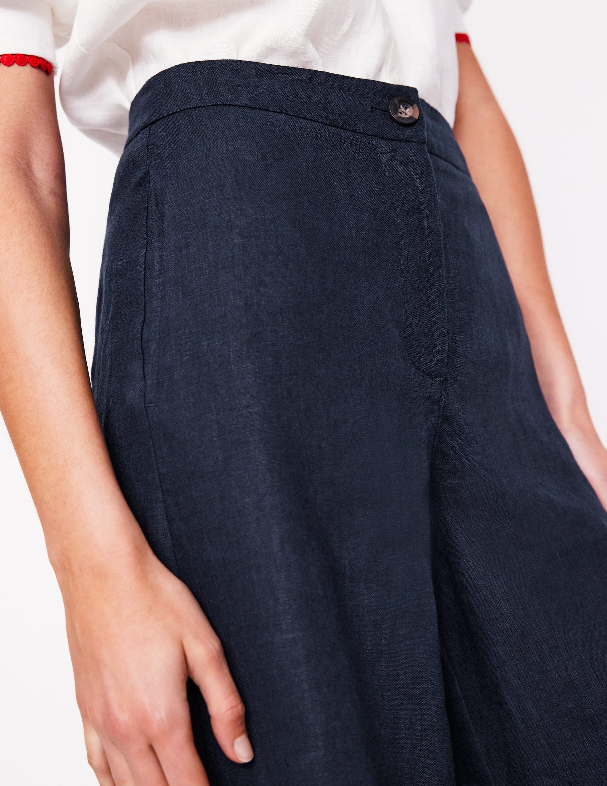 Wide Crop Linen Trousers-Navy-3