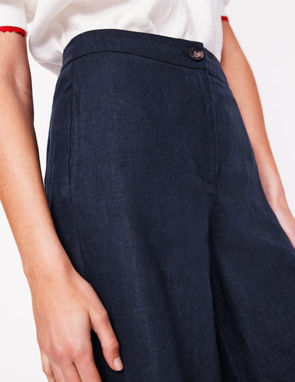 Wide Crop Linen Trousers-Navy-3