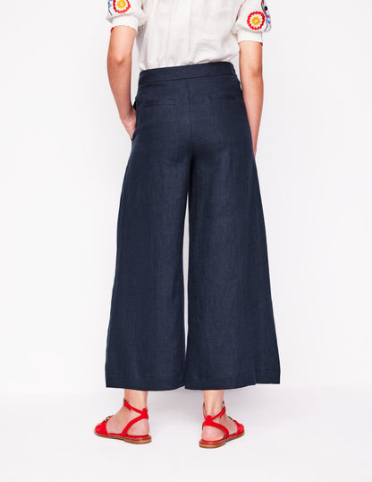 Wide Crop Linen Trousers-Navy-4