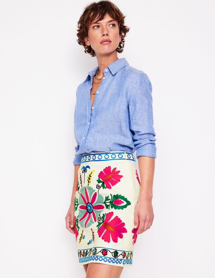 Aline Embroidered Linen Skirt-Ivory Embroidery