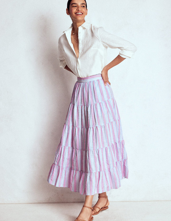 Tiered Poplin Midi Skirt-Metallic Stripe